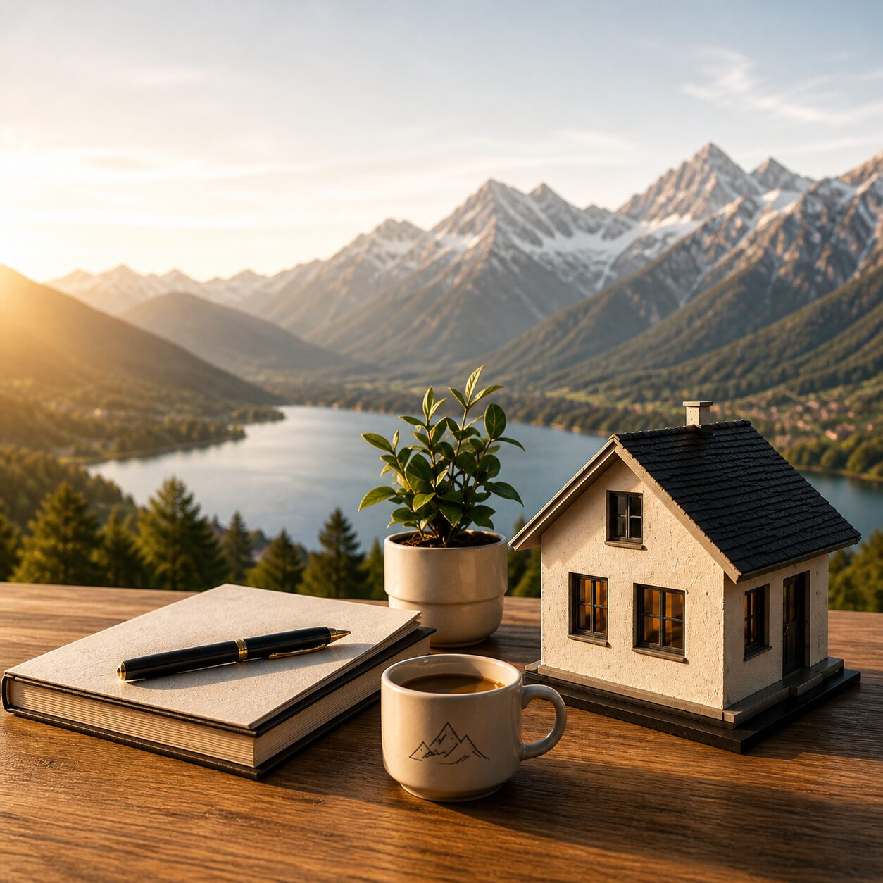 Carnet de note et maison en miniature devant un paysage de montagne representant les services que propose La Courtiere des Alpes